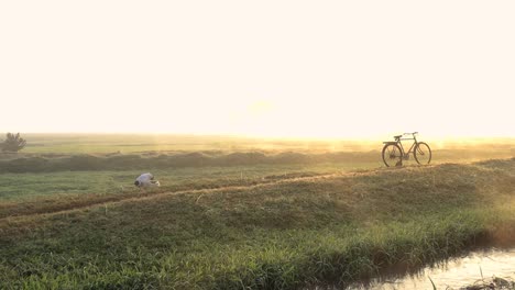 Un-Granjero-Trabajando-En-Un-Campo-De-Cultivo-Durante-Una-Fría-Mañana-De-Invierno-Con-Su-Bicicleta-Estacionada