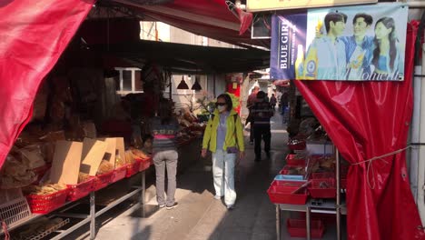 Tourists-walk-through-the-market-streets-of-Tao-O-on-Lantau-Island,-Hong-Kong