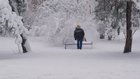 Arbeiter-Entfernen-Vereisten-Schnee-Von-Einer-öffentlichen-Bank-Im-Park