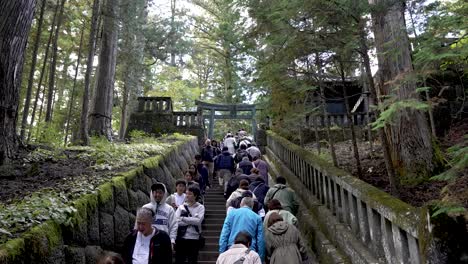 Touristen-Steigen-Die-Treppe-Hinauf,-Die-Zum-Okusha-Hoto-In-Nikko,-Japan,-Führt,-Um-Die-Struktur-Zu-Erkunden,-In-Der-Sich-Die-Überreste-Von-Tokugawa-Ieyasu-Befinden