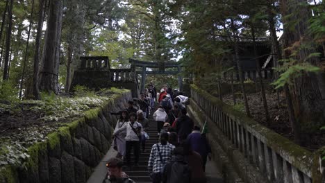 Los-Turistas-Suben-La-Escalera-Que-Conduce-A-Okusha-Hoto-En-Nikko,-Japón,-Para-Explorar-La-Estructura-Que-Alberga-Los-Restos-De-Tokugawa-Ieyasu.