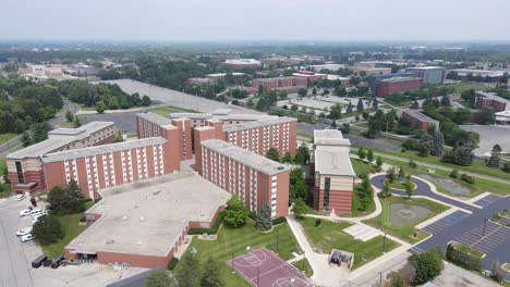 Multi-story-dorms-for-students-of-Central-Michigan-University,-aerial-drone-view