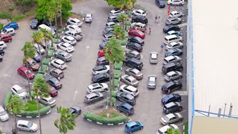 La-Bandeja-De-Transporte-Aéreo-Se-Eleva-Para-Revelar-El-Estacionamiento-De-Un-Supermercado-Tropical-Lleno-De-Gente.