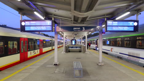 Menschen,-Die-In-Der-Nähe-Von-Zwei-Zügen-Am-Warschauer-Ostbahnhof-In-Polen,-Bahnhof-Warszawa-Wschodnia,-Statische-4K-Aufnahme-Laufen