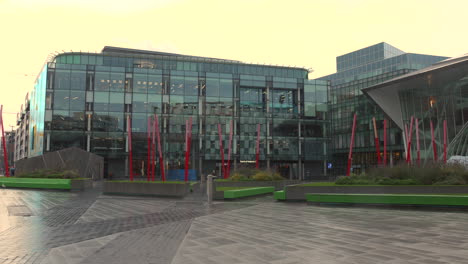 Profile-view-of-Grand-Canal-Square-at-Southside-area-of-Grand-Canal-Dock-during-daytime-in-Dublin,-Ireland