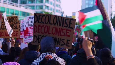 Protester-activist-against-war-in-Gaza-fly-Palestinian-flags-and-wave-placards