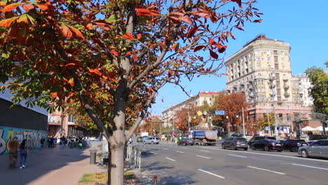 Khreshchatyk-main-street-of-Kyiv-city-capital-in-Ukraine,-sunny-autumn-weather-and-brown-leaves,-cars-driving-near-tall-apartment-buildings,-4K-shot