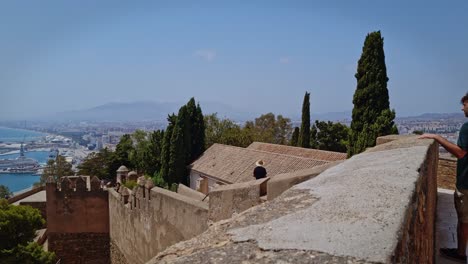 Gibralfaro-Castle-in-Malaga,-Andalusia-Spain,-in-the-background-the-city-and-the-Mediterranean-Sea