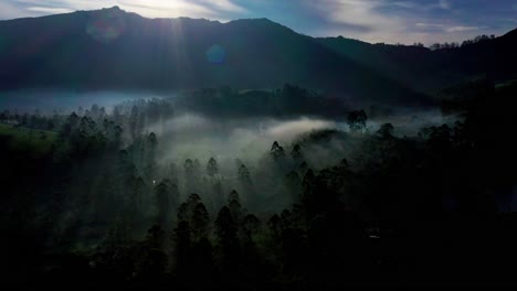 Aerial-drone-view-coming-back-showing-lots-of-big-mountains-and-trees