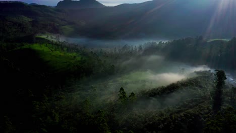 Aerial-drone-view-patrol-camera-moving-to-the-side-where-the-improvements-are-falling-behind-and-fog-is-visible-and-there-are-also-many-trees