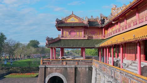 Exterior-panning-shot-of-the-Imperial-citadel-of-Hue,-Vietnam