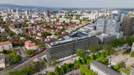 Aerial-panoramic-view-of-IBM-logo-on-the-top-of-modern-business-building