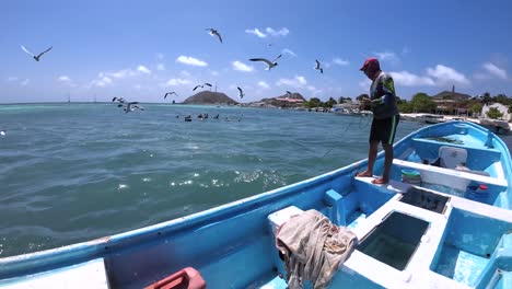 Fischer-Wirft-Netze-Vom-Blauen-Boot-In-Los-Roques-Aus,-Klarer-Himmel,-Sonniger-Tag