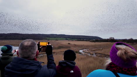 Observadores-De-Aves-Observando-El-Espectáculo-Invernal-De-Un-Gran-Murmullo-De-Estornino-Desde-La-Torre-Del-Cielo-Que-Ofrece-Una-Vista-Sobre-Los-Cañaverales,-En-La-Reserva-Natural-De-Leighton-Moss-Rspb