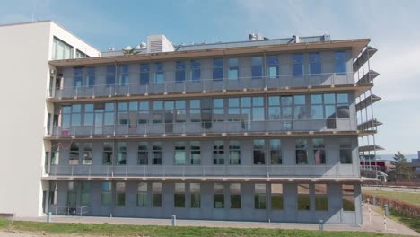 Aerial-Drone-shot-of-CureVac-AG-Company-Headquarter-in-Tuebingen-on-a-sunny-day