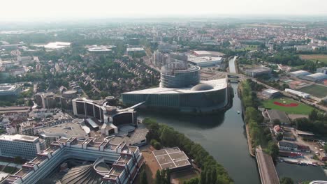 Aerial-Shot-of-the-European-Parliament-in-Strasbourg,-France-on-an-overcast-day