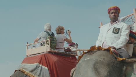 Decorated-Elephants-ride-tourists-on-the-road-to-Amber-Fort-in-Jaipur,-Rajasthan,-India-on-a-beautiful-sunny-day-through-the-dry-desert