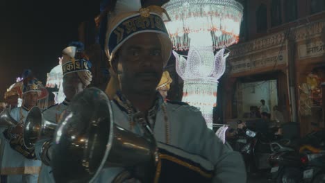 Indian-Musicians-at-a-traditional-Festival-in-India-at-night-with-many-colorful-lights-in-Rajasthan