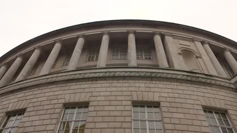 Low-angle-of-the-exterior-facade-of-the-Central-Library-in-Manchester,-England