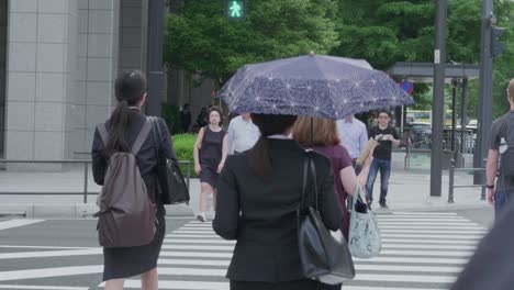 Mehrere-Japanische-Geschäftsleute-überqueren-An-Einem-Bewölkten-Tag-Eine-Straße-Im-Zentrum-Von-Tokio,-Japan