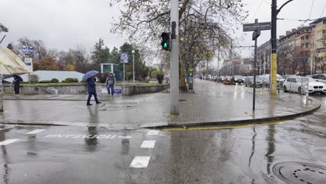 Cruzando-Un-Paso-De-Peatones-En-El-Bulevar-Evlogi-Y-Hristo-Georgievi,-Cerca-Del-Puente-De-Las-águilas,-Con-Un-Grupo-De-Personas,-Bajo-La-Lluvia