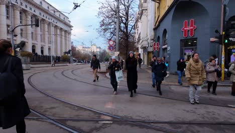 Cruzando-Un-Paso-De-Peatones-En-El-Bulevar-Vitosha-Con-Un-Grupo-De-Personas.