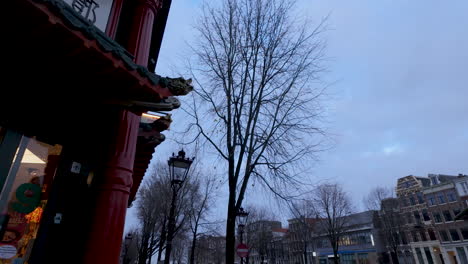 Paisaje-Urbano-De-Amsterdam-Al-Anochecer,-Silueta-De-árbol-Sin-Hojas,-Farola-Tradicional,-Fachadas-De-Edificios-Históricos,-Luz-De-La-Tarde,-Atmósfera-Serena,-Cielo-Invernal,-Naturaleza-Urbana,-Ambiente-Cultural