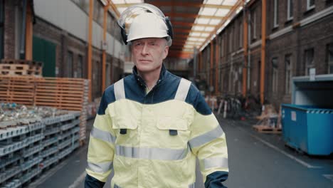 Caucasian-construction-worker-or-fireman-in-yellow-work-wear-and-white-safety-helmet-walking-straight-towords-confident-with-a-serious-look-out-of-a-construction-site-while-its-raining