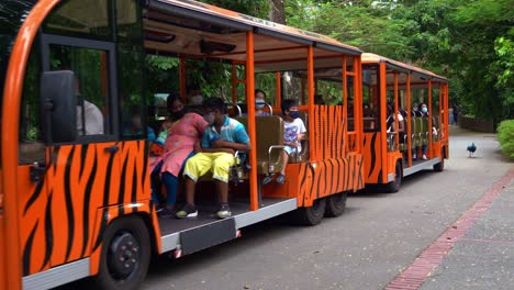 Turistas-Que-Viajan-En-Tranvía-Eléctrico,-Se-Desplazan,-Llevan-A-Los-Visitantes-En-Un-Viaje-Narrado-Por-Diferentes-Zonas-Del-Parque-Zoológico,-Visitan-Cómodamente-Los-Recintos-De-Los-Animales