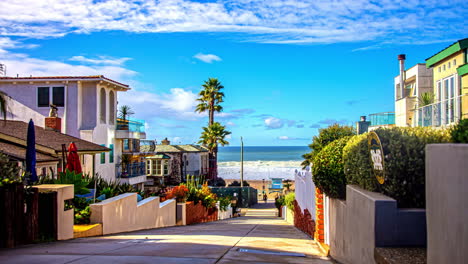 Looking-down-an-alley-at-Manhattan-Beach---daytime,-suburban-neighborhood-time-lapse