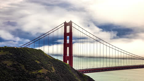 White-clouds-pass-in-a-blue-sky-behind-the-Golden-Gate-bridge-in-a-static-time-lapse-shot