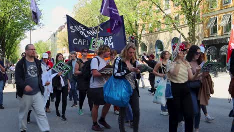 Verschiedene-Gruppen-Marschieren-Im-Umweltprotest-Mit-Transparenten,-Tagsüber,-Im-Zeitraffer