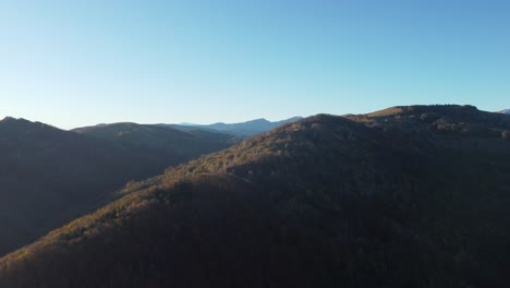 Beautiful-aerial-shot-of-a-lake-surrounded-by-mountains-full-of-pines-and-trees