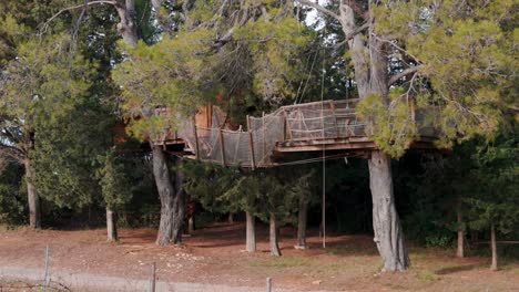 Szenische-Aufnahme-Einer-Baumhausunterkunft-Mit-Gehbrücke-Im-Wald