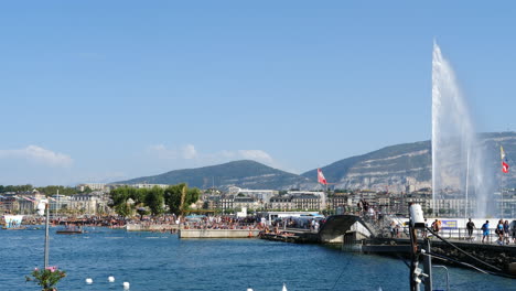 Geneva-Jet-d'eau-water-fountain-on-the-Lac-Leman-lake-harbour-downtown-waterfront-attraction