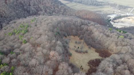 Increíble-Toma-De-Drones-De-Montañas-Llenas-De-árboles-Y-Pinos-Con-Un-Espacio-Abierto-Rodeado-De-árboles