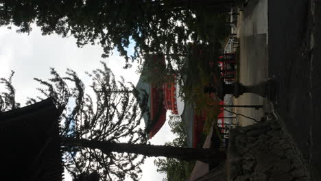 Silhouetted-trees-framing-the-Kongobu-ji-Danjo-Garan-complex-in-Koyasan,-vertical-shot