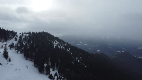 incredible-landscape-of-mountains-full-of-pine-trees-and-snow,-and-a-misty-sky-during-a-winter-snowfall