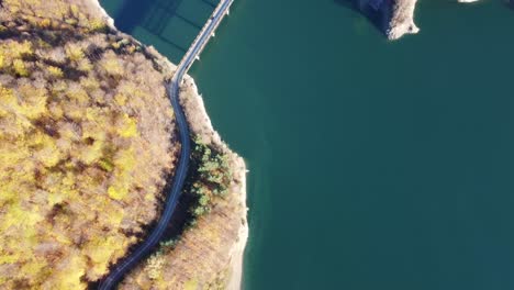 Aerial-shot-of-a-road-and-a-bridge-that-crosses-a-river-in-the-middle-of-the-forest-while-a-car-crosses-the-bridge