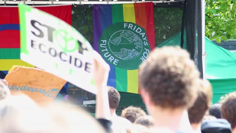 Crowd-gathered-at-environmental-rally-with-'Fridays-for-Future'-flag-in-Sweden