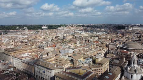 Incredible-drone-shot-of-the-city-of-Rome-with-its-ancient-houses,-streets-and-classic-avenues,-under-a-blue-evening-sky