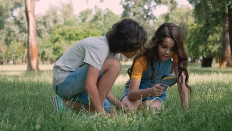 Little-girl-and-boy-in-a-park-looking-at-the-grass-through-a-magnifying-glass.-Children-playing-outdoors-and-having-fun.