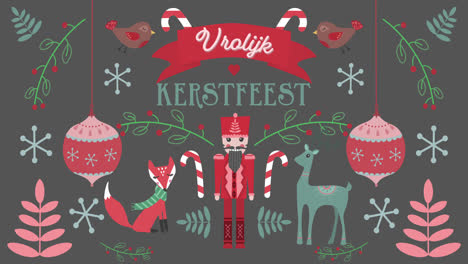 Animation-Von-Vrolijk-Kerfees-Wörtern-Mit-Tieren-Auf-Weihnachtlichem-Dekorationshintergrund