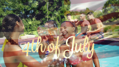 Group-of-friends-in-a-pool-and-the-American-flag-with-a-4th-of-July-text