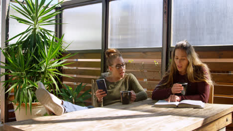 Lesbian-couple-discussing-over-a-book-while-having-coffee-4k