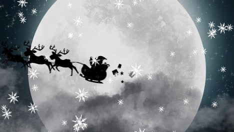 Animation-of-black-silhouette-on-santa-claus-in-sleigh-being-pulled-by-reindeer-with-winter-scenery-