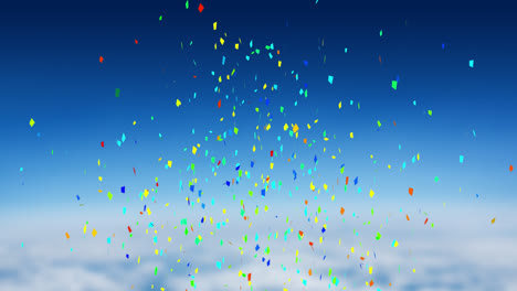 Animation-of-multi-coloured-confetti-falling-over-blue-sky-and-clouds