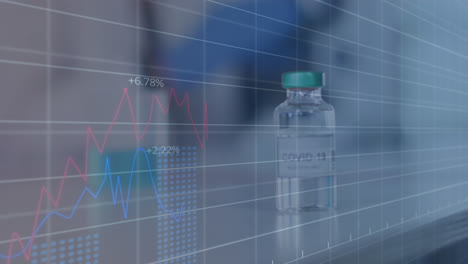 Animation-of-digital-interface-showing-statistics-with-covid-19-vaccine-standing-on-table