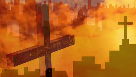 Animation-of-Christian-crosses-over-orange-clouds-moving