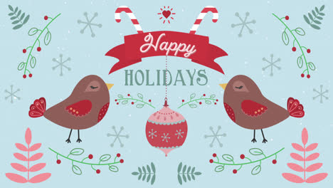 Animation-of-Happy-Holidays-words-with-moving-birds-on-Christmas-decorations-background